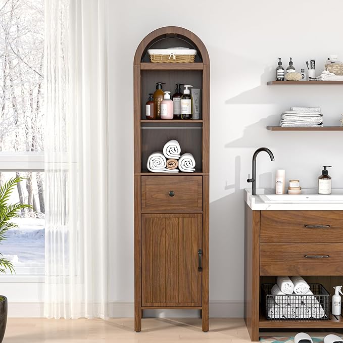 Lxsxlome 64" Tall Bathroom Storage Cabinet with Adjustable Shelves,Tall Narrow Arched Freestanding Tower Cabinet with Fluted Doors and Drawers,Space Saving Organizer for Bathroom Living Room (Walnut)