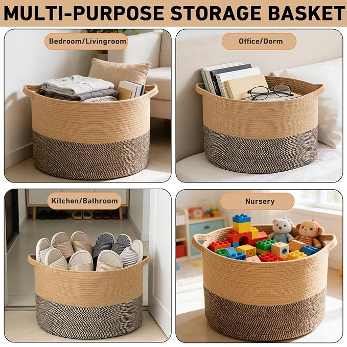 115L Extra Large Blanket Basket,Woven Rope Laundry Basket Hamper with Handles, Decorative Nursery Basket Storage Bin for Toys, Clothes Organizer, Living Room, Bedroom, Bathroom, Jute&Black