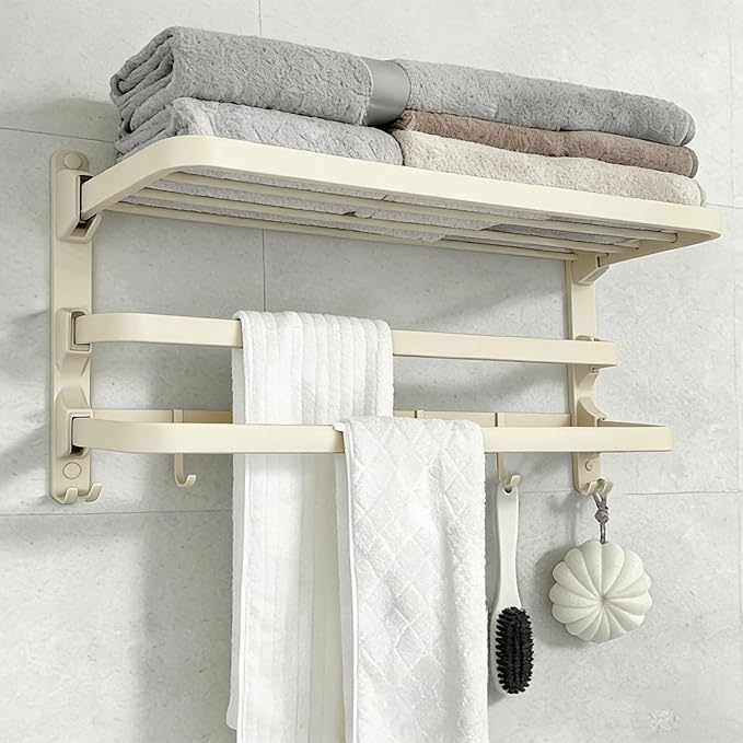 24in Towel Racks Shelf for Bathroom, Foldable Wall Mounted Towel Storage with 2 Towel Bar 9 Hook, Modern Rustproof Towel Holder with Shelves, Towel Hanger for Hotel Restroom RV Gym,Milky White