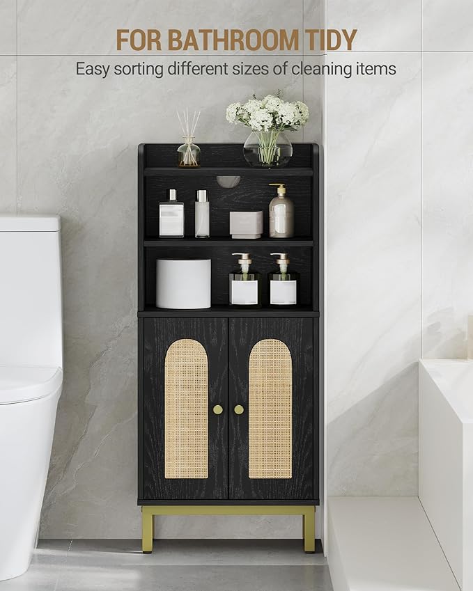 Hzuaneri Bathroom Storage Cabinet, Small Floor Cabinet with 2 Door and Shelves, Toilet Paper Cabinets, Bathroom Organizer with Adjustable Shelf, for Small Spaces Rattan Black 7.1" Dx14.6 Wx32.7 H
