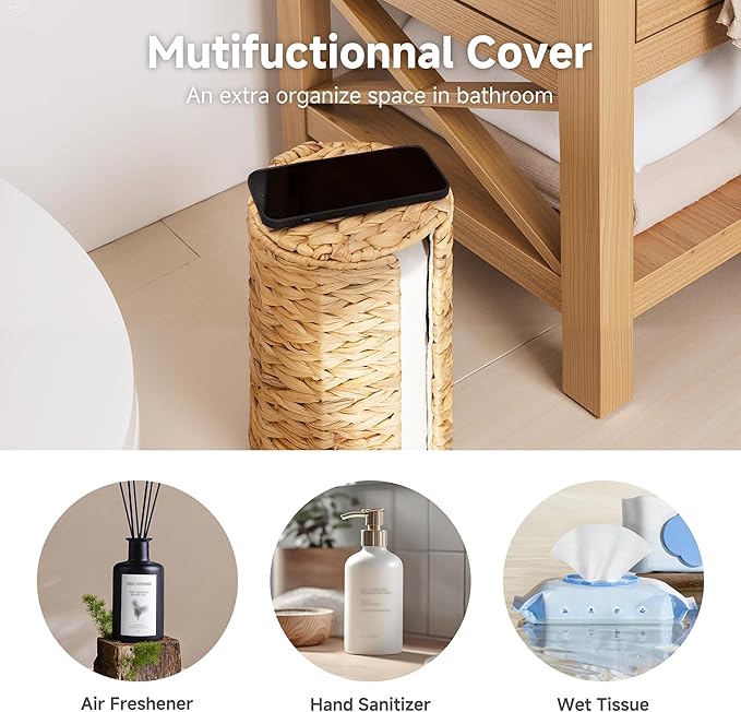 StorageWorks Water Hyacinth Free Standing Toilet Paper Holder Stand for Bathroom, 3 Rolls of Toilet Tissue Storage with a Built-in Cloth Lining, Toilet Roll Holder Stand with Lid