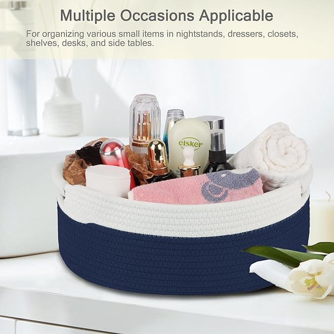 Small Woven Basket with Gift Bags and Ribbons, Empty Baby Gift Baskets for Kids Women Men, Shelf Storage, Small Cat Dog Pet Toy Boxes, 13”x 9”x 5.5”, Navy Blue