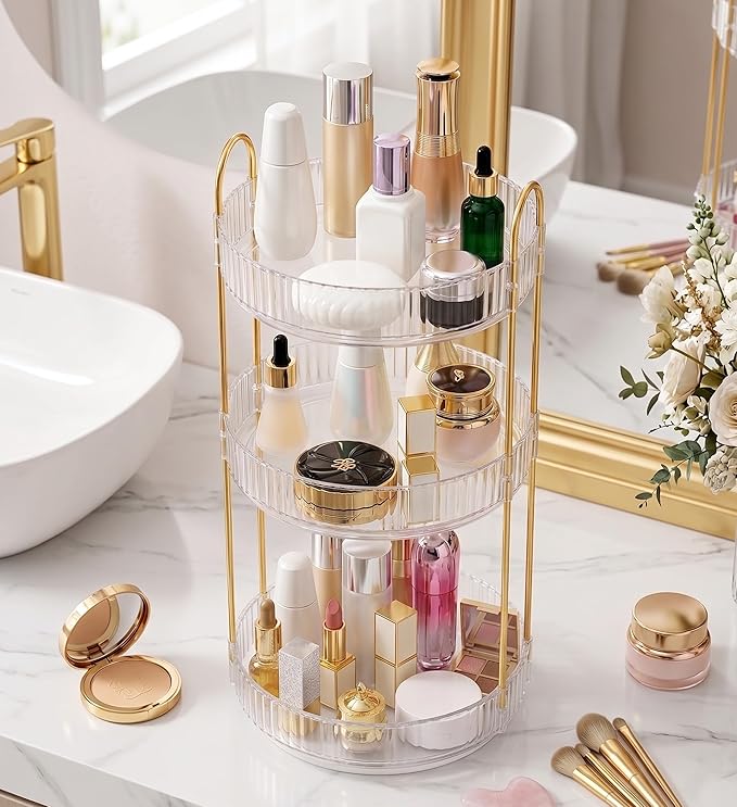 Aveniee Crystal Three-Layer 360° Rotating Cosmetic Stand, Premium Solid Metal Pole Sturdy Construction, Translucent Revolving Beauty Storage Unit for Vanity, Sink or Bathroom Shelf, White