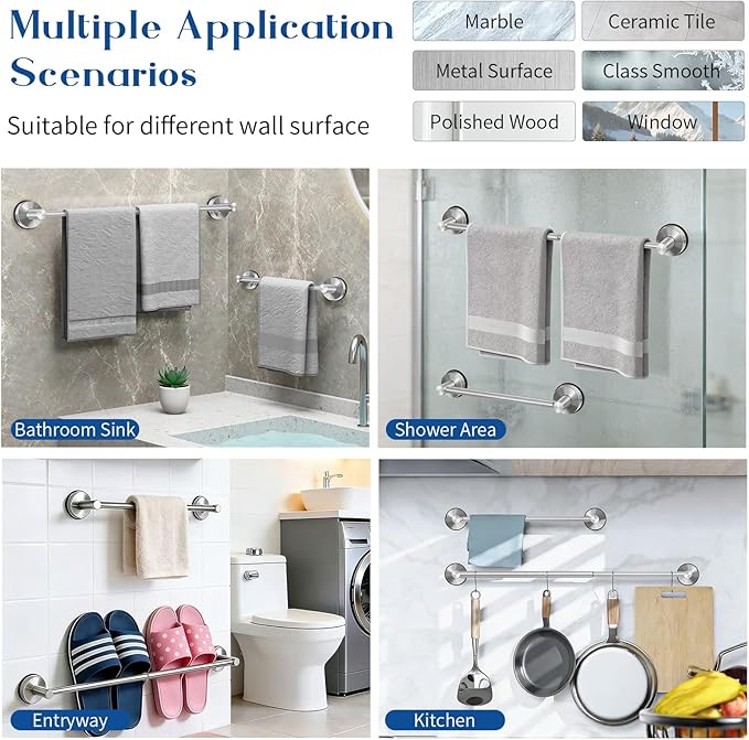 Adjustable Suction Cup Towel Bar for Bathroom Wall, 14.6–24 Inches Brushed Nickel Towel Bar, Stainless Steel Bath Towel Holder, Towel Racks for Bathroom Shower (Brushed Nickel, 2 Pack)
