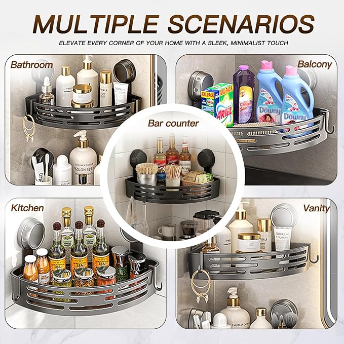 Corner Shower Caddy Suction Cup No Drilling, 3 PCS Removable Corner Shower Shelves, Bathroom Organizers and Storage, Shower Caddy Corner Storage Rack with Towel Hooks, Black