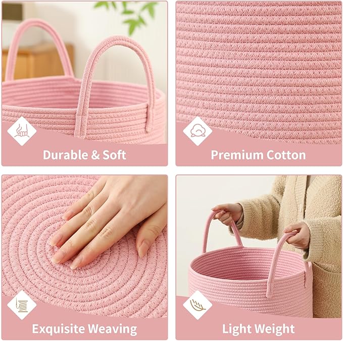 Laundry Basket Hamper Tall Rope Storage Woven for Blanket toys Dirty Clothes in Living Room Bathroom Bedroom (Pink, 60L/15.8Gal)