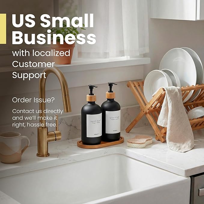 MaisoNovo Glass Dish Soap Dispenser for Kitchen Set of 2-16.9oz Dish and Hand Soap Dispenser Set for Kitchen - Black Glass Bottles x 2 with Black Bamboo Pumps & Tray