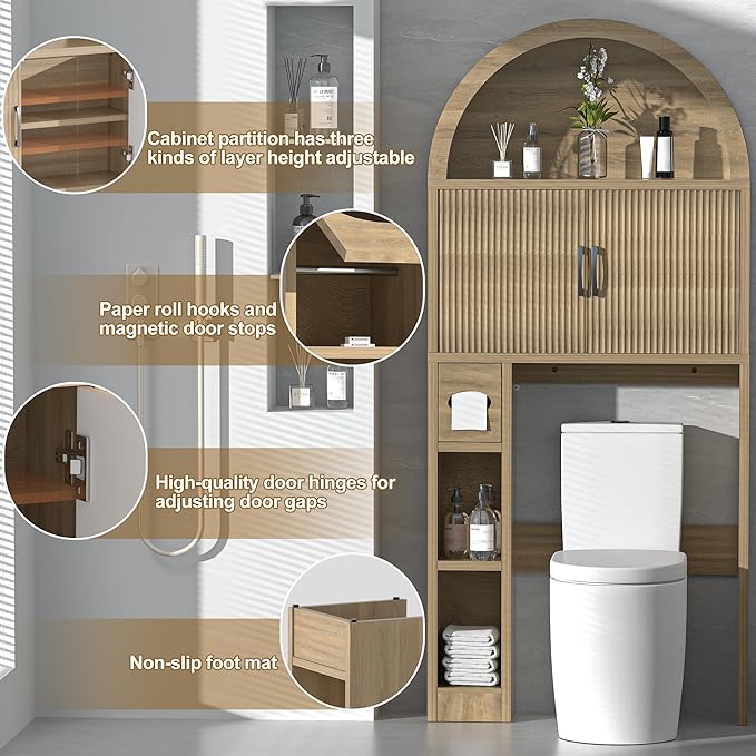 AHB Over The Toilet Storage Cabinet, Freestanding Bathroom Organizer with Adjustable Shelf and Anti-Tip Device, Arched Cabinet with Doors, Space-Saving Toilet Storage for Bathroom, Laundry, Mini Bar