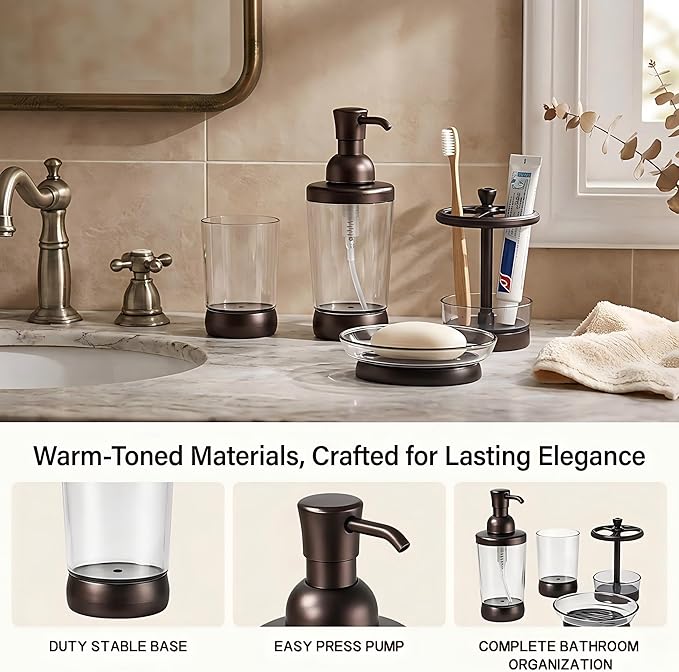 4 Piece Bathroom Accessories Set, Coffee Brown Bathroom Decor with Soap Dispenser, Toothbrush Holder, Mouthwash Cup & Soap Dish, Vintage Vanity Countertop Accessories for Home