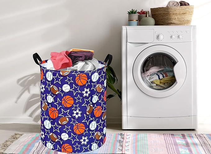 Kids Laundry Hamper Storage Basket Laundry Organizer Hamper Storage Bins Clothes Box Nursery Hamper Gift Basket with Handles (Star basketball)