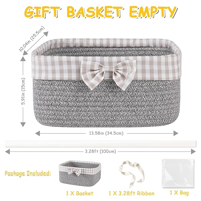 OIASKET Basket for Gifts Empty, Large Gift Basket 13L with Gift Bag and Ribbon, Woven Cotton Basket for Baby Showers, Birthday, Wedding, Mother's Day, 13.58"x10"x5.9", Gray