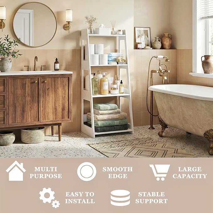 4-Tier Ladder Shelf, White Bathroom Shelves Freestanding Open Shelving Unit Bookshelf, Side End Table for Living Room Kitchen Bathroom(11.8”D x 15.7”W x 38.6”H)