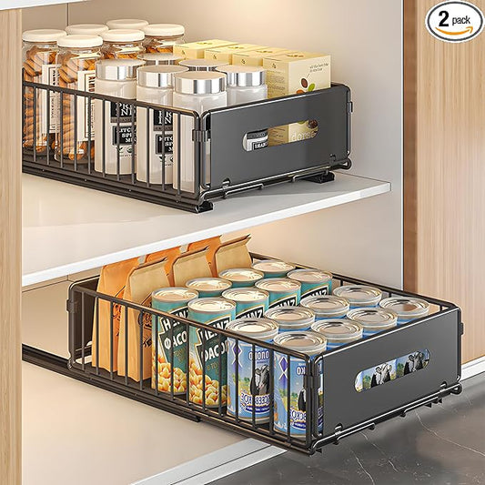 2 Pack Pull Out Cabinet Organizer, Heavy Duty Slide Out Pantry Drawers Shelves Storage With Strong Adhesive Strips and Handle for Kitchen, Bathroom, Living Room, Home (14.8"D X 9.6"W X 3.9"H)