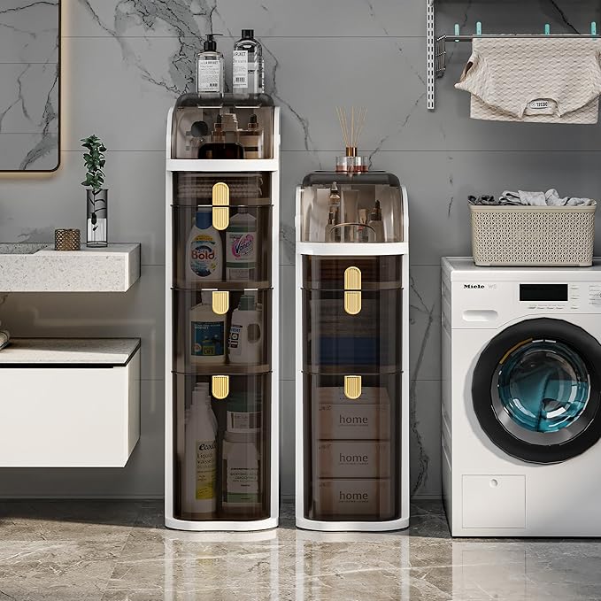 3-Tiers Slim Bathroom Storage Cabinet with Drawers & Tissue Box,Plastic Narrow Rolling Bathroom Tower Cart Waterproof & No Installation for Small Spaces Kitchen Laundry Living Room