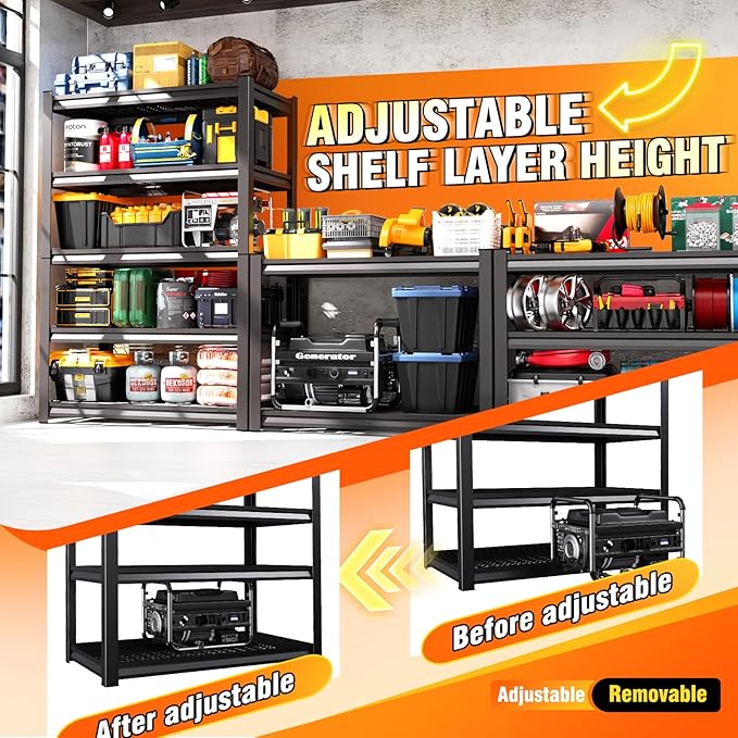 2 Pack Storage Shelves,3000LBS Garage Shelving,Adjustable Garage Shelves,Heavy Duty Metal Shelving, 5 Tier Wood Utility Steel Shelf, Easy-to-Install Shelving Units and Storage 72''x59''x19.7