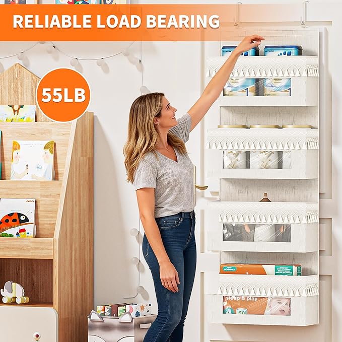 Aokeyee 4 Tier Over The Door Organizer Storage Nursery, Boho Door Organizer Hanging with Tassels and Clear Window, 55lb Behind The Door Storage for Baby Nursery, Bedroom, Bathroom
