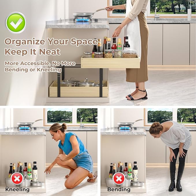 COOLBEBE 2 Tier Pull Out Drawers for Cabinets，17"W x 21"D Double Tier Slide Out Wood Drawer Shelf Organizer, Soft Close Cabinet Pull Out Shelves in Kitchen, Pantry, Bathroom