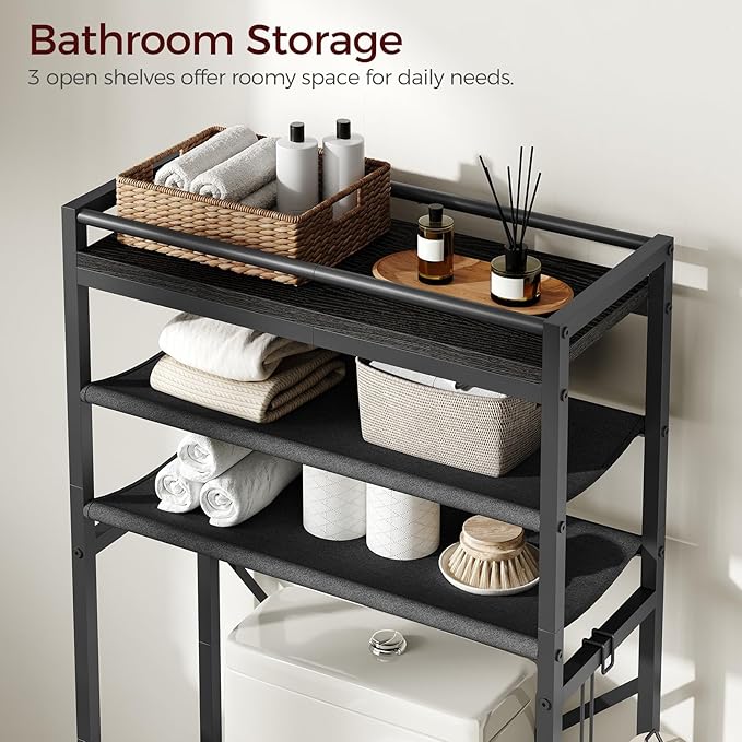MAHANCRIS Over The Toilet Storage, 3-Tier Over Toilet Bathroom Organizer with Paper Holder, Freestanding Bathroom Shelves Above Toilet for Balcony Laundry Room, Space Saving, Black TSBK1201