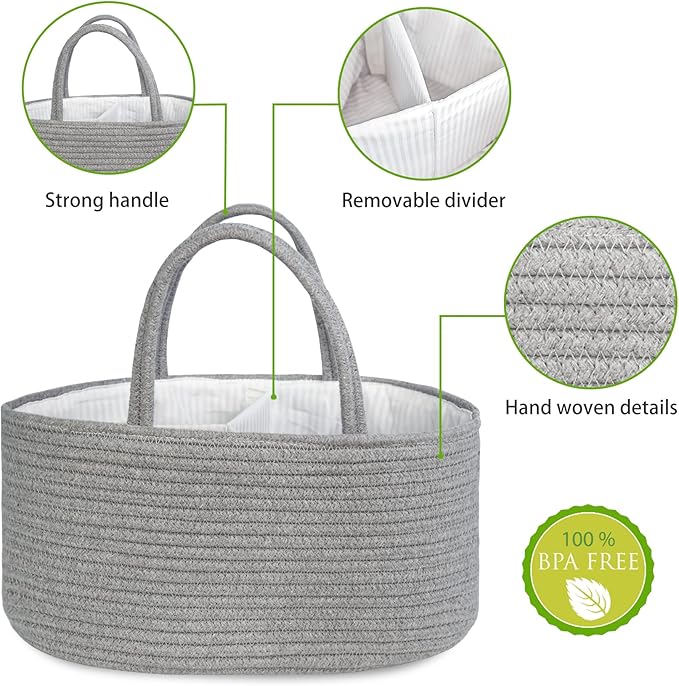 ABenkle Diaper Caddy Organizer, Rustic Boho Cotton Rope Nursery Baby Basket, Changing Table Organizer for Baby Diaper Storage, Neutral Grey