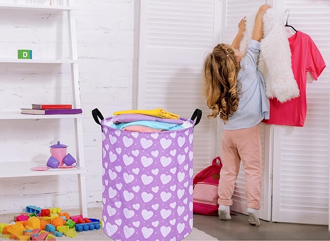 19.7 Inch Round Purple Love Laundry Hamper Laundry Basket Fabric Storage Hamper Organization Basket, Storage Bin, Toy Box,Valentine's Day Gift Basket with Handles for Room