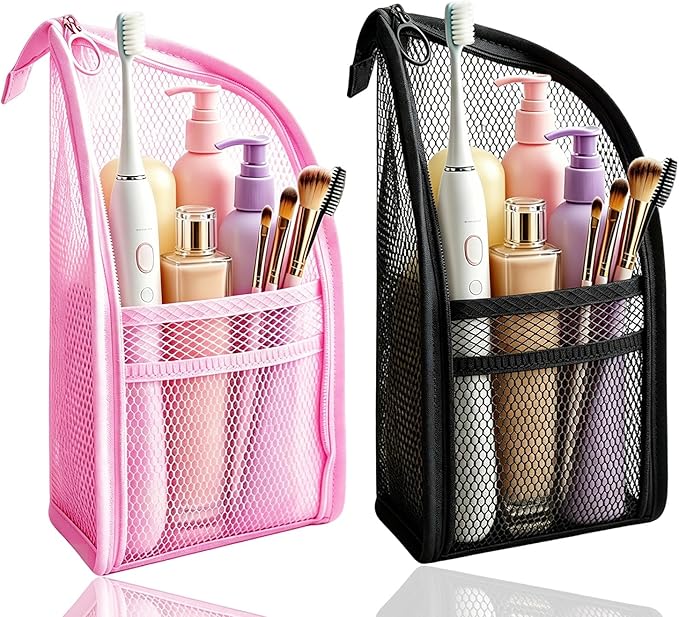Standing Toiletry Bag, Lightweight Portable Travel Toiletry Bag, EVA Foldable Clear Hanging Makeup Bag, Breathable Cosmetic Organizer for Travel & Bathroom (Pink and Black)