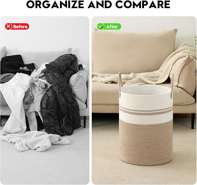 Laundry Basket Hamper Tall Rope Storage Woven for Blanket toys Dirty Clothes in Living Room Bathroom Bedroom (Brown&White, 60L/15.8Gal)