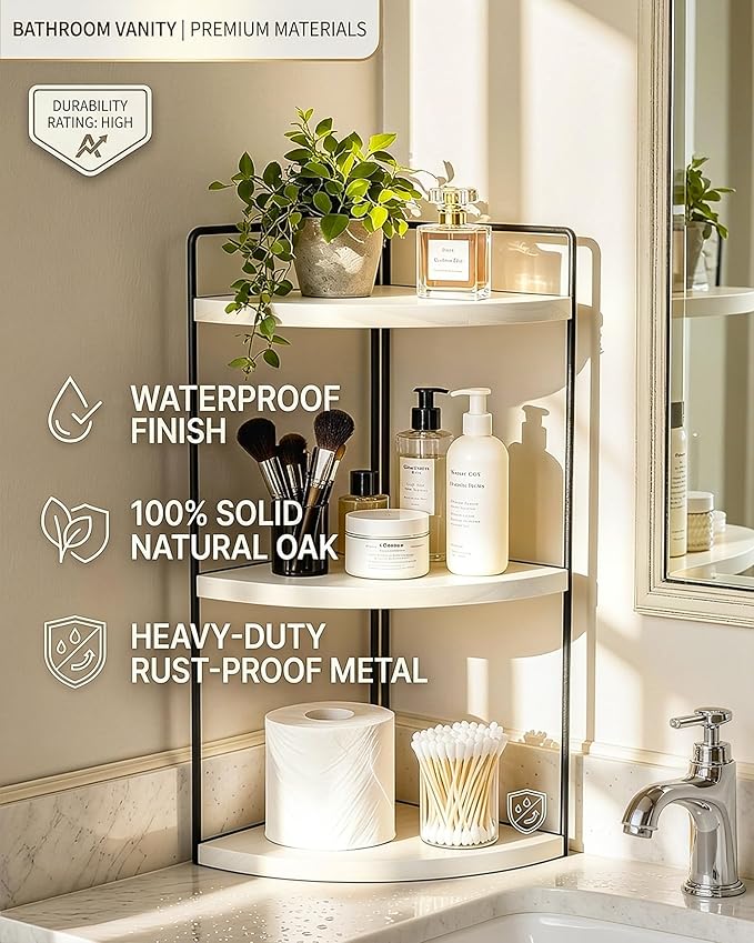 3-Tier Corner Bathroom Countertop Organizer, Solid Pine Wood Vanity Corner Shelf for Skincare & Makeup, Waterproof Standing Rack for Bathroom, Vanity, Kitchen & Dresser, Large 15.7"H, White