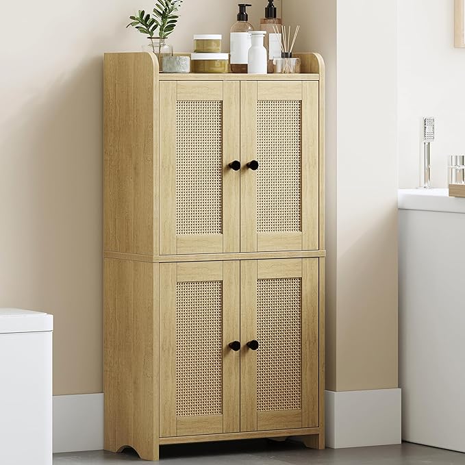 HEXCELEN Small Storage Cabinet, Bathroom Storage Cabinet with 4 Doors, Floor Bathroom Organizer Freestanding for Small Spaces, Living Room, Kitchen, Entryway (Streamlined American, Yellow)