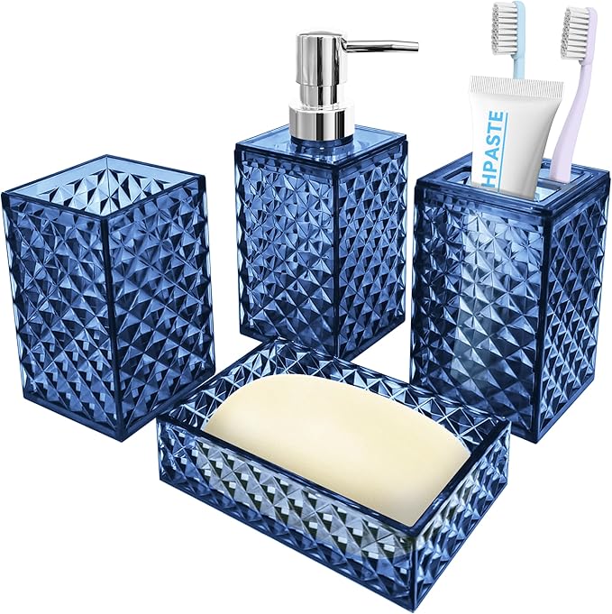 Bathroom Accessory Set, 4 PCS Blue Bathroom Accessories Sets, Soap Dispenser and Toothbrush Holder Set, Soap Dish and Mouthwash Cup, Boho Bathroom Decor, Plastic Bathroom Sets Accessories