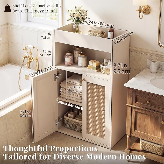 Bathroom Storage Cabinet, Rattan Freestanding Floor Organizer with Anti-Tip Devices and Adjustable Shelf, Small Cabinet for Bathroom, Kitchen, Living Room, White