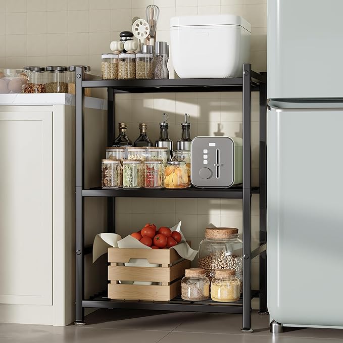 Small Storage Shelves, 3-Tier Metal Shelving Unit with Adjustable Feet, Compact Shelf Organizer for Garage, Kitchen, Pantry and Closet Organization, 11.8" x 17.7" x 29.9",Black