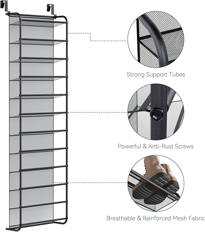 Whitmor 36 Pair Over The Door Shoe Organizer, 12 Tier Hanging Shoe Organizer, Heavy Duty Metal & Mesh Shoe Holder, Hanging Shoe Rack for Closet Organizer, 74" L x 21.7" W x 7.5" H, Matt Gunmetal