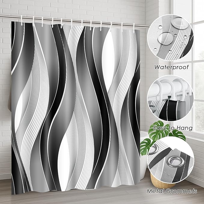 Grey Black Wavy Line Shower Curtain Set with Toilet Lid Cover and Non-Slip Rugs for Bathroom, Abstract Stripes 4 Pcs Shower Curtain, Modern Geometric Bathroom Set with 12 Hooks