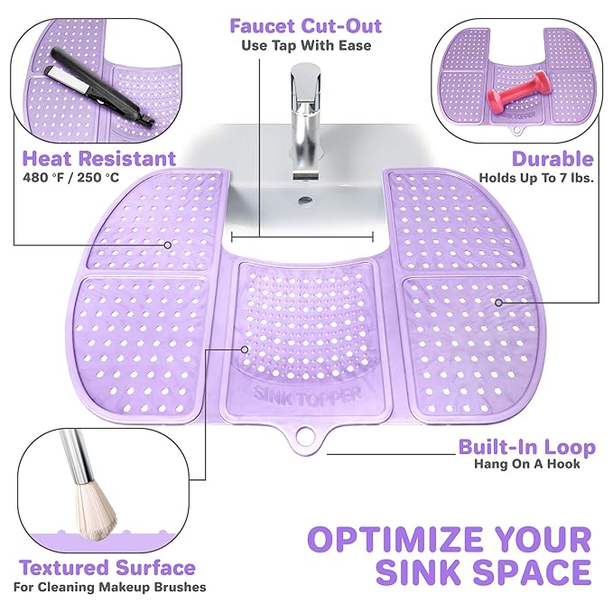 Sink Topper Bathroom Counter Cover & Storage Saver, Foldable Silicone Mat for Hot Tools, Hair Styling & Makeup, Beauty Brush Cleaning Mat, RV Camper Sink Cover & for Small Spaces (Large - Lavender)