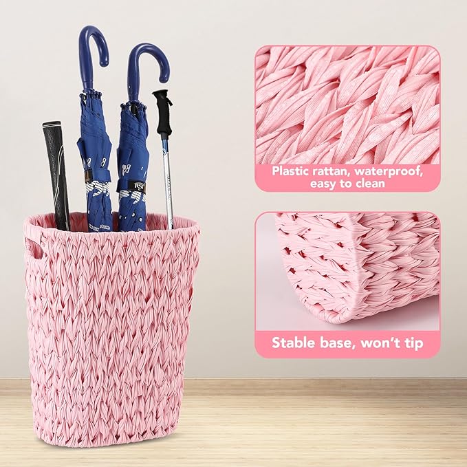 Bathroom Accessories Set, 25PCS Wicker Bathroom Accessory Set with Shower Curtain, Bath Mat, Soap Dispenser, Handwoven Trash Can & Ratten Tissue Box (Pink, Bath Set+Shower Curtain+Rugs)