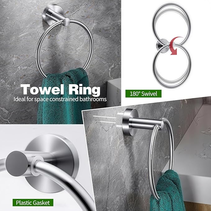 10pcs Brushed Nickel Bathroom Hardware Set, Including 2pcs 24in Retractable Hand Single Towel Bar with 2pcs Toilet Paper Holders, 2pcs Towel Rings 4pcs Multifunctional Robe Hooks