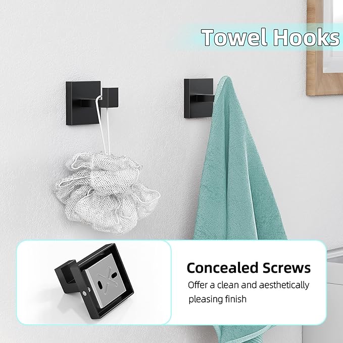 5-Pieces Matte Black Bathroom Hardware Accessories Set, 24 Inch Stainless Steel Towel Racks for Bathroom, Towel Bar Set Towel Ring Coat Hook and Toilet Paper Holder with Shelf Wall Mounted