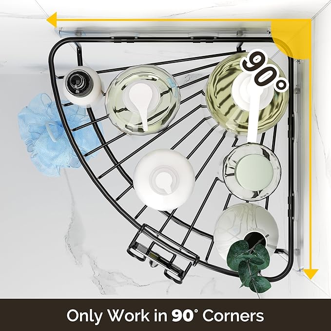 Orimade Corner Shower Caddy Stainless Steel with Hooks Wall Mounted Bathroom Shelf Storage Organizer Adhesive No Drilling 3 Pack, Black Only for 90-Degree Corner