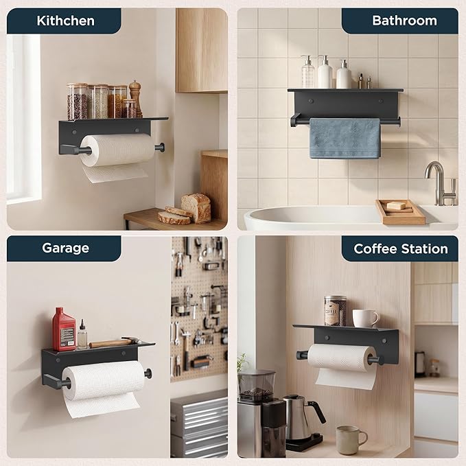 FORIOUS Paper Towel Holder with Shelf, SUS304 Stainless Steel Paper Towel Holder with Storage Shelf, Wall Mount Screw Paper Roll Organizer Commercial Paper Hand Towel Dispensers, Mattle Black