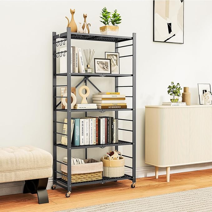 5-Tier Folding Metal Storage Shelf with Wheels & Hooks, Heavy Duty Utility Rack, No-Assembly Collapsible Organizer for Kitchen, Garage, Office, Living Room – 750 lbs Capacity(Black, 5-Tier)