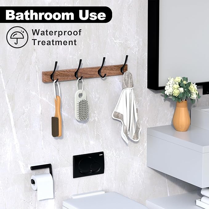 17 Inch Walnut Wood Wall Mounted Coat Rack with 4 Black Double Hooks, Adhesive Mounted Entryway Hooks, Modern Natural Wooden Pegs for Hanging Coat Clothes Hat Bag Purse Key and Towel