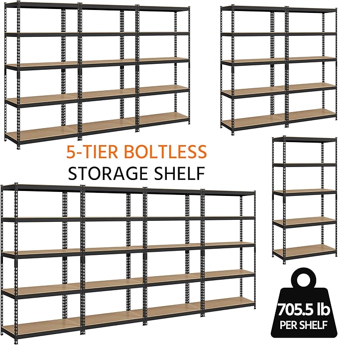 Topeakmart 5-Tier Utility Shelves, Metal Storage Shelves Garage Shelving Unit Adjustable Garage Storage Shelves Storage Racks Heavy Duty Shed Shelving- Black, 35.5 x 17.5 x 72 Inch