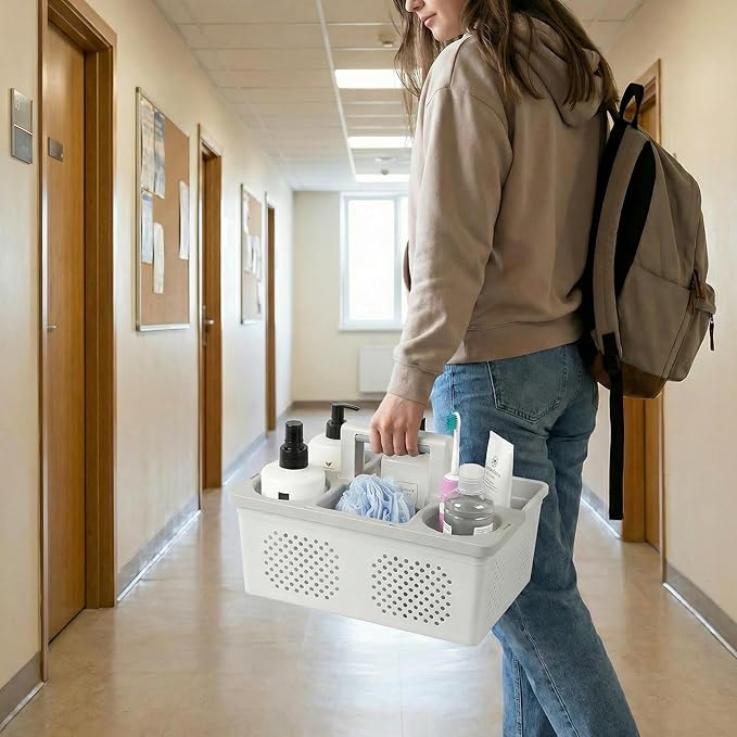 KMV Dorm Room Portable Shower Caddy with Adjustable Compartments - Ventilated Drainage Design with Handles, Perfect Toiletries Organizer for College Dorms-gray