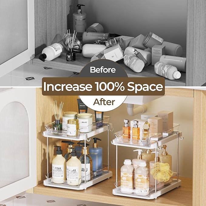 Delamu Under the Sink Organizer, 2-Tier Pull-Out Cabinet Drawers with Adjustable Shelf & Hooks, Under Sink Cabinet Organizer for Bathroom, Kitchen, Vanity & Every Household (White, 4 Pack)