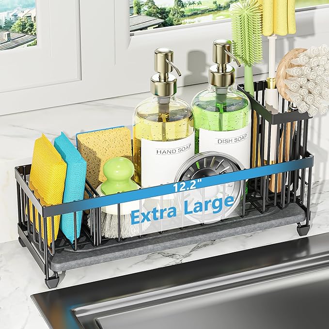 Cisily Extra Large Sink Caddy Organizer with Drying Stone, Black Sponge Holder for Kitchen, Dish Brush Holder for Countertop, Kitchen Decor Storage and Essentials