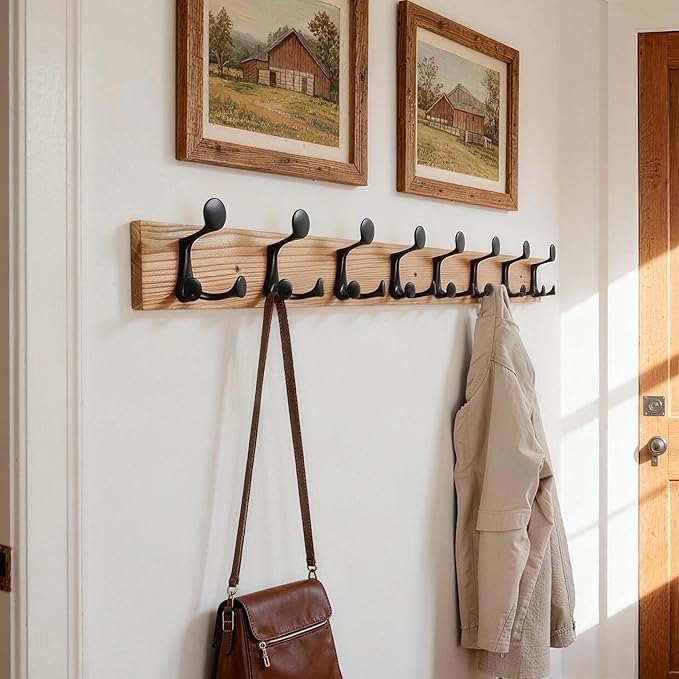 SKOLOO 43-Inch Wood Coat Rack Wall Mount with 8 Triple Hooks - Ideal for Family Entrances, Classrooms, and Pet Supplies Storage - Perfect Coat Hooks for Wall, Black on Natural