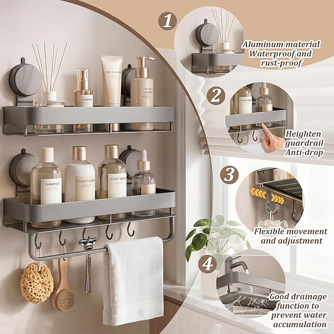 Stainless Steel Wall Mounted Bathroom Shelves with Removable Hooks and Tools