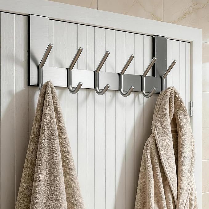 WEBI Over The Door Hook Door Hanger:Over The Door Towel Rack with 6 Coat Hooks for Hanging,Towel Hanger Door Coat Hanger Over Door Coat Rack for Towels,Clothes,Back of Bathroom,Silver,2 Packs