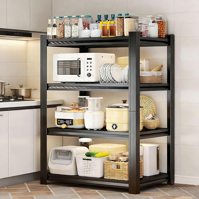 4-Tier Kitchen Shelf Organizer, Metal pantry shelves, Adjustable Storage Rack, Heavy Duty Metal Shelves for Pots, Pans, Bottles & Pantry Goods, Space-Saving, Black (54"H x 35.4"W x 15.7"D)