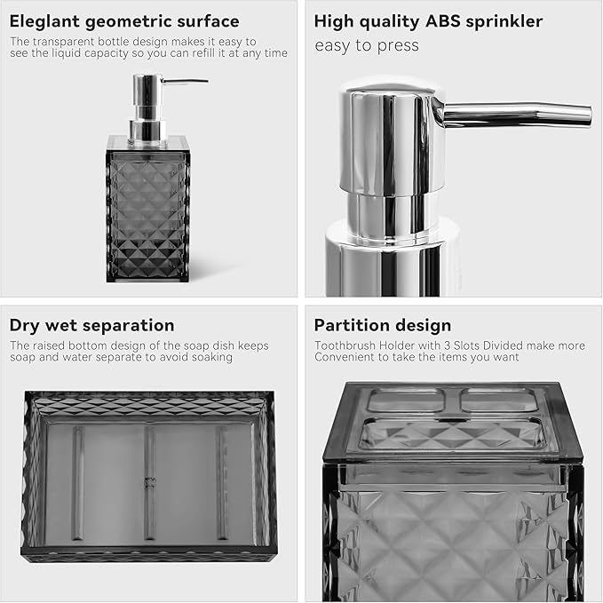 Bathroom Accessory Set, 4 PCS Grey Bathroom Accessories Set, Soap Dispenser and Toothbrush Holder Set, Soap Dish and Mouthwash Cup, Boho Bathroom Decor, Plastic Bathroom Sets Accessories
